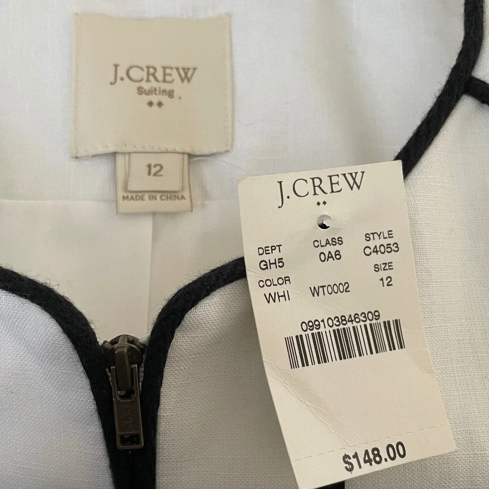 NEW J.Crew Linen Blazer Jacket White Black Piping‎ Zip Front 3/4 Sleeve Sz 12